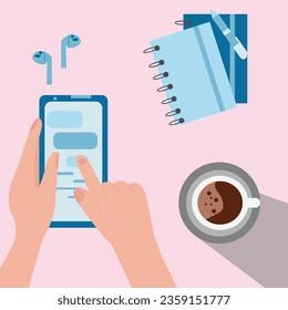 Human hand using smartphone workplace desk background. Top view of table, notebook, smartphone, cup of coffee. Work space concept. Flat Vector illustration.