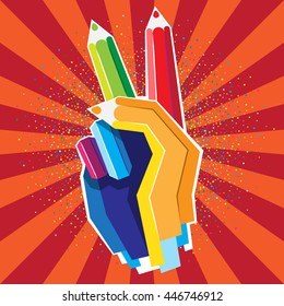 Human hand with Victory sign from color pencils. Vector illustartion