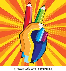 Human hand with Victory sign from color pencils. Vector illustration