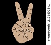 Human hand in victory sign gesture. Cartoon style. On black background.