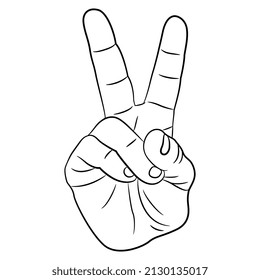 Human hand in victory sign gesture. Cartoon style. Black and white linear silhouette.