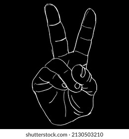 Human hand in victory sign gesture. Hand drawn linear doodle rough sketch. White silhouette on black background.