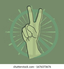 Human hand with victory sign. Green background with peace symbol. Vector illustration EPS 10