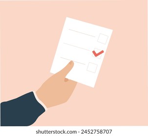 Human hand voting by paper ballot in elections or pre elections. Person holds a voting list to make his choice. Concept of democracy, politics, election campaign and human rights. Vector illustration