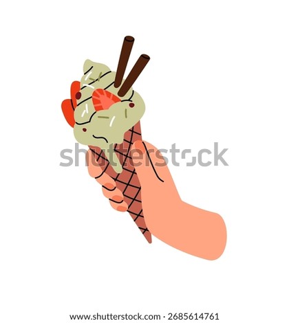 Human hand with waffle cone of ice cream. Person holds gelato icecream with berries. Summer dessert from frozen milk with wafer. Sweet food. Flat isolated vector illustration on white background