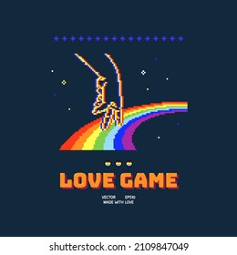 Human hand walking on rainbow. LGBT concept. Pixel game art style