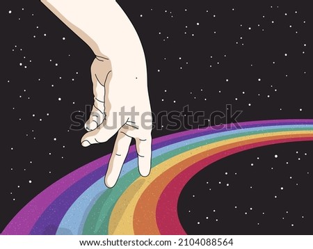 Human hand walking. Rainbow in space. Starry sky. Romantic LGBT poster