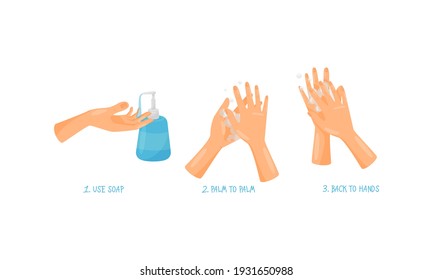 Human Hand Washing and Cleansing Skin Using Soap Vector Set