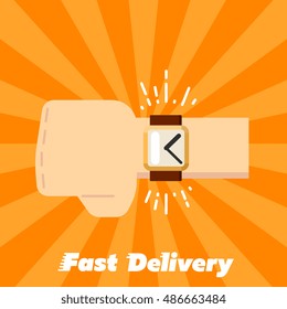 Human hand with watch isolated on striped orange background. Fast delivery banner, vector illustration. Shipping and moving service. Time management concept. Professional courier service.