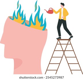 Die menschliche Hand mit der Tränkung kann das Feuer in einem brennenden Gehirn löschen. Psychologische Therapie hilft Konzepten. Burnout, Stress, emotionale Probleme, psychische Erkrankungen. Wütend Mann oder Frau. Heilende Vektorgrafik