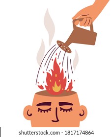 Human Hand With Watering Can Putting Out Fire In Burning Brain. Psychological Therapy Help Concept. Burnout, Stress, Emotional Problem, Mental Illness. Angry Man Or Woman. Healing Vector Illustration