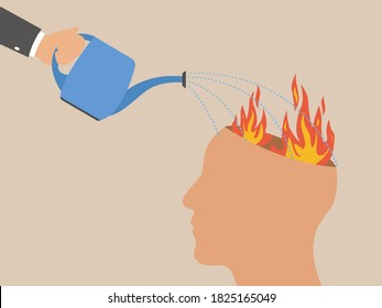 Human hand with watering can putting out fire in burning brain. Psychological therapy help concept. Burnout, stress, emotional problem, mental illness. Angry man or woman. Healing vector illustration