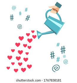 Human hand with a watering can water with hearts, like, hashtag, at . Concept for social media. Vector illustration on white background.