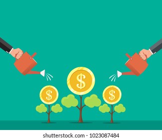 Human hand watering money dollar coin tree , Money Growth ,Financial growth concept. Vector illustration.