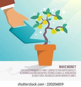 Human hand watering money dollar coin tree with can poster vector illustration