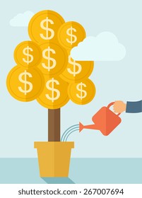 A human hand watering money dollar coin tree to grow bigger. Hardworking concept. A contemporary style with pastel palette soft blue tinted background with desaturated clouds. Vector flat design