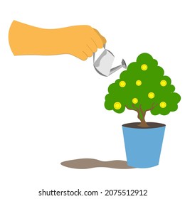 human hand is watering potted tree with coins from watering can. concept of plant growth, the growth of coins, money, earnings. For the result, you need to invest your strength. Vector