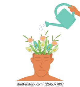 A human hand waters a man's head from which flowers grow. The concept of psychological help and therapy, mental health care. Metaphorical vector illustration.