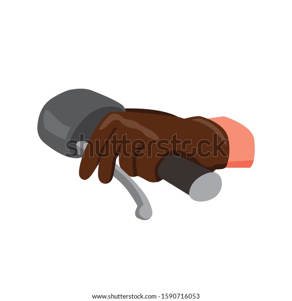 human hand wear leather glove on\
motorcycle handlebar press brake, flat illustration\
vector