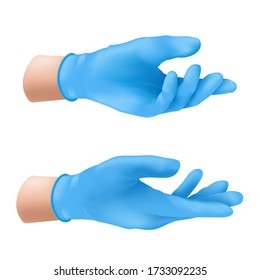 Human Hand Wearing Blue Latex Medical Glove. Realistic Vector Illustration Of Sterile Rubber Protective Hygiene Equipment For Nurse Or Surgery Doctor Isolated On White Background