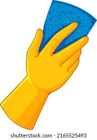 Human hand wearing glove holding sponge for cleaning illustration