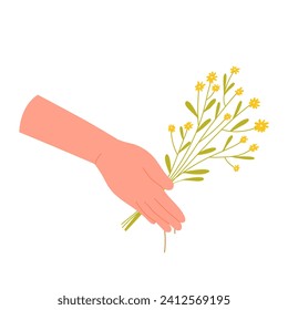 Human hand with wild flower branch. Floral gift, spring blooming plants cartoon vector illustration