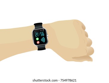 Human hand with wireless smartwatch with time, pulse, steps, wifi. Vector. 