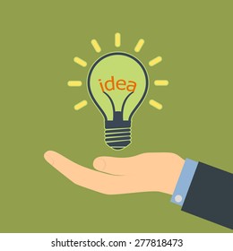 Human hand. Word idea in a light bulb. Vector Image.