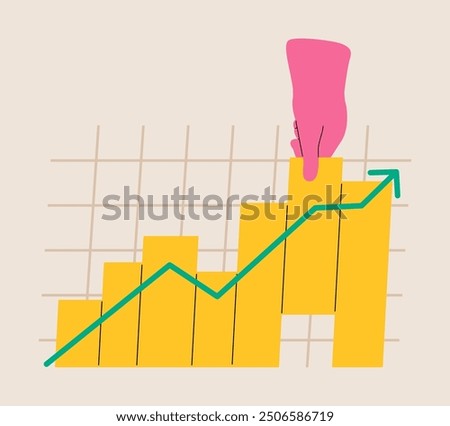 Human hand works with the data, makes a graph. Colorful vector illustration

