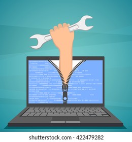 Human hand with a wrench sticking out of laptop. Technical support. Stock vector illustration.