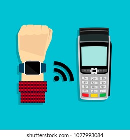 Human hand with wrist watch makes an online purchase through pos terminal. Concept of online buying in flat design. Vector illustration