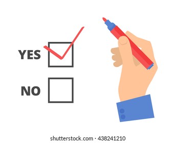 Human hand write yes vote with pen on a voting paper. Flat concept illustration of man's hand, red pen, ballot paper, check sign. Isolated vector infographic element for web, presentation, brochures.