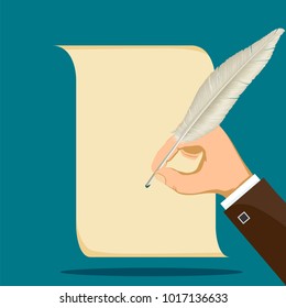 Human hand writes with a feather on a sheet of paper. Stock vector flat graphic illustration.