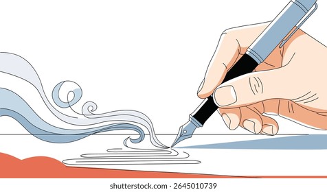 A Human Hand Writes with a Fountain Pen on White Paper Creating Artistically