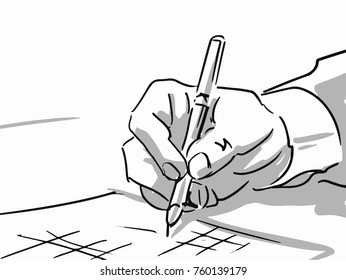 Human hand writes with ink pen. Black and white vector sketch. Simple drawing.