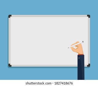 Human hand writes on a whiteboard. Blank template for copy space. Vector illustration.