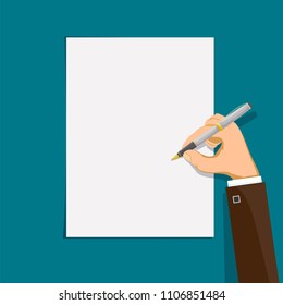 Human hand writes with a pen on a sheet of paper. Stock vector flat graphic illustration.