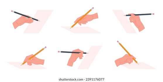 Human hand writes with pencil. Writing hand taking notes, filling planner or signing documents isolated flat vector illustration set. Pencil in hands