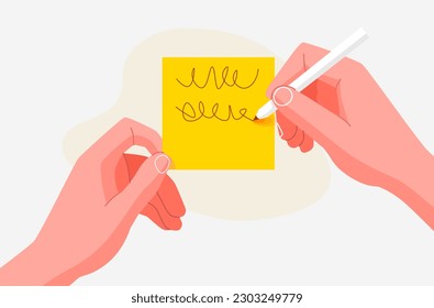 Human hand writes a reminder on a sticky note. Flat cartoon style. Vector illustration