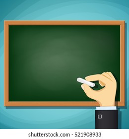 Human Hand Writing In Chalk On The Blackboard. Stock Vector Cartoon Illustration.