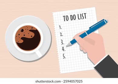 Human hand writing to do list or business plan on white paper sheet. Wishlist on wooden table. Concept of putting goals into wishlist to make them visual. Coffee to set mood, pen and paper sheet.