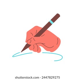 Human hand writing holding pen pencil icon vector flat illustration. Cartoon male arm creative art drawing gesture handwriting note education artist painting signature message sketching