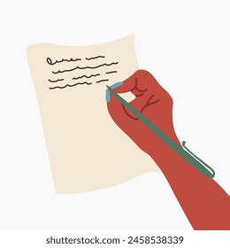 Human hand writing a letter, author composing text, vector hand-drawn illustration isolated on beige background.