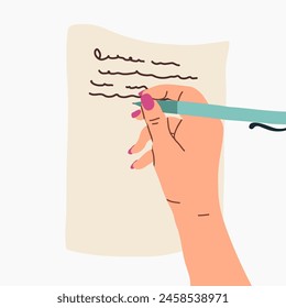 Human hand writing a letter, author composing text, vector hand-drawn illustration isolated on beige background.