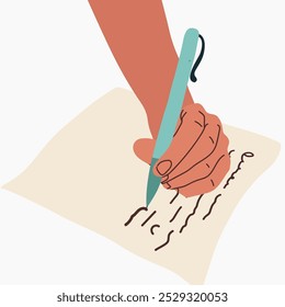 Mano humana que escribe una carta, autor que compone el texto, ilustración dibujada a mano del Vector aislada en fondo beige.