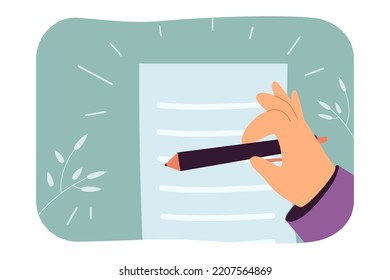 Human hand writing letter or notes on paper sheet. Person holding pencil to work on document flat vector illustration. Office, education concept for banner, website design or landing web page