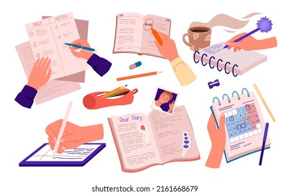 Human Hand Writing Notes In Different Notebooks. Private Life Moments, Share Thoughts And Feelings, Day Schedule And Time Management, To Do Tasks Book, Recording Reminders Vector Illustration