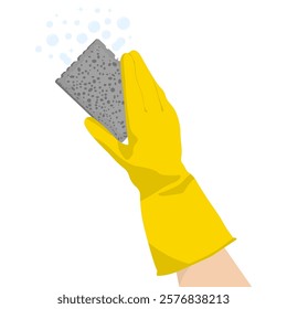 Human Hand In Yellow Glove Holds Gray Cleaning Sponge And Washes Surface With Soap, Isolated On White Background. Vector Illustration