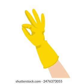 Mano Humana En Guante De Goma Amarillo Haciendo El Signo De OK, Aislado Sobre Fondo Blanco. Ilustración vectorial