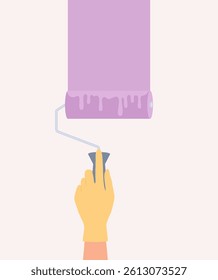 Human hand in yellow rubber glove holding roller brush and painting wall in purple color. Flat vector illustration
